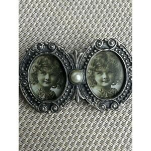 Pewter Vintage Double Frame Faux Pearl Brooch Twin Girls Curly Haired‎